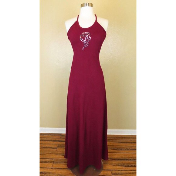 Vintage 70s Maroon Burgundy Red Rhinestone Rose Halter Prom Party Maxi Dress XXS - Picture 6 of 12